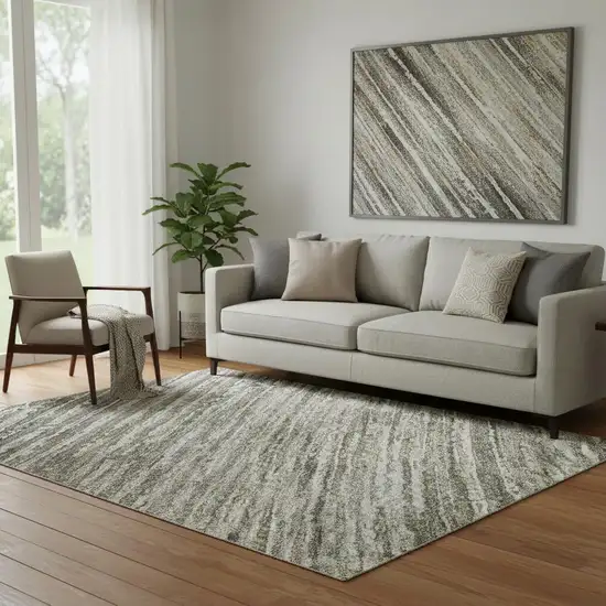 Taupe Gray And Silver Striped Washable Area Rug With UV Protection Photo 2