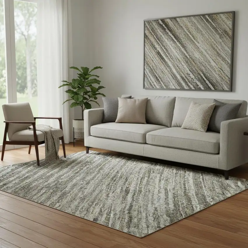 Taupe Gray And Silver Striped Washable Area Rug With UV Protection Photo 2