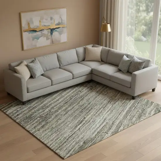 Taupe Gray And Silver Striped Washable Area Rug With UV Protection Photo 2