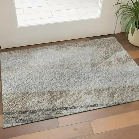 Taupe Gray And Silver Striped Washable Area Rug With UV Protection Photo 2