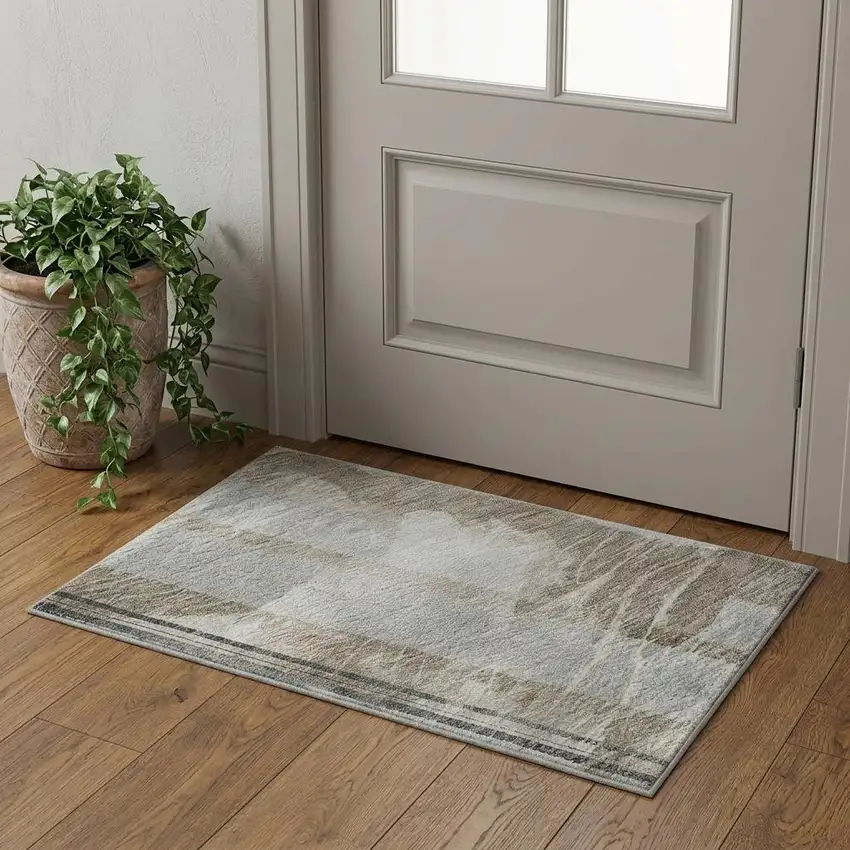 Taupe Gray And Silver Striped Washable Area Rug With UV Protection Photo 1