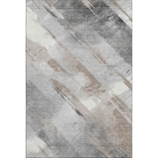 Taupe Gray And Silver Striped Washable Area Rug With UV Protection Photo 4