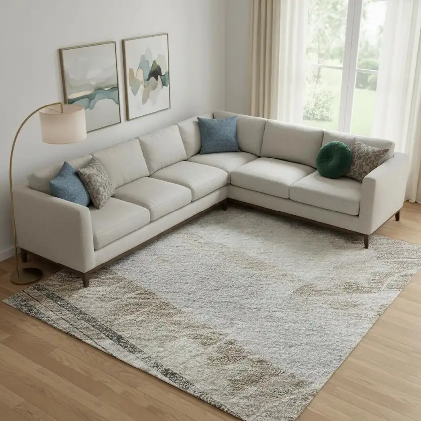 Taupe Gray And Silver Striped Washable Area Rug With UV Protection Photo 2