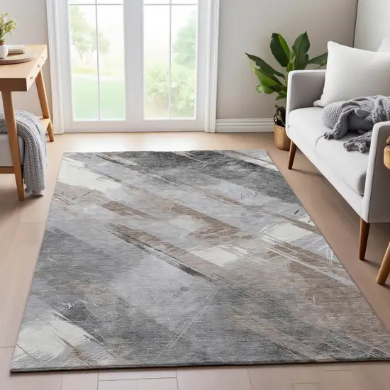 Taupe Gray And Silver Striped Washable Area Rug With UV Protection Photo 3