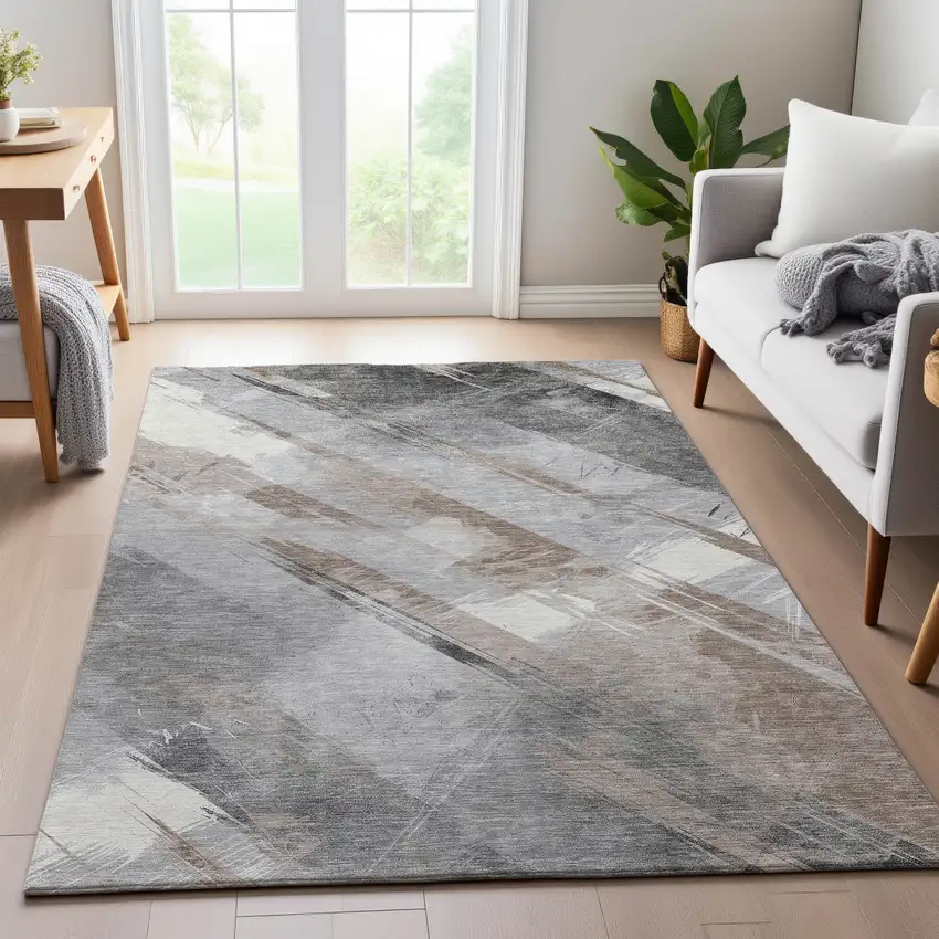 Taupe Gray And Silver Striped Washable Area Rug With UV Protection Photo 3