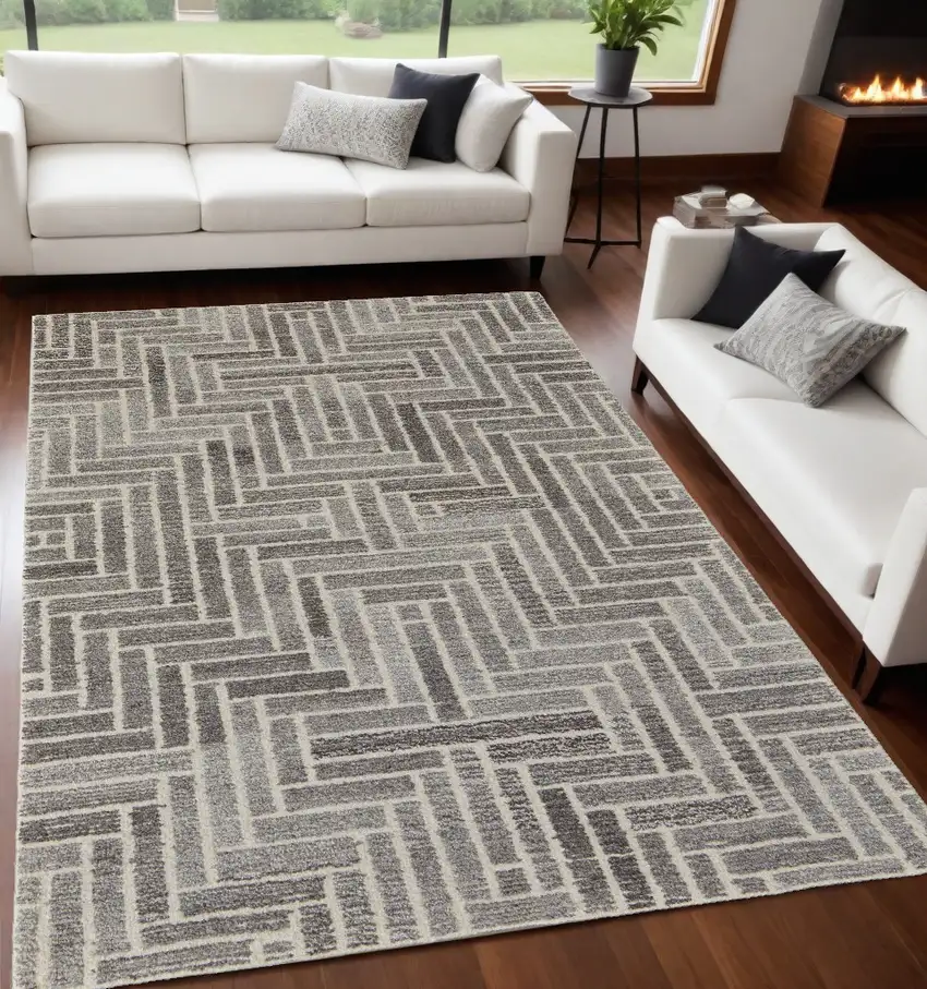 Tan and Gray Wool Geometric Hand Tufted Area Rug Photo 1