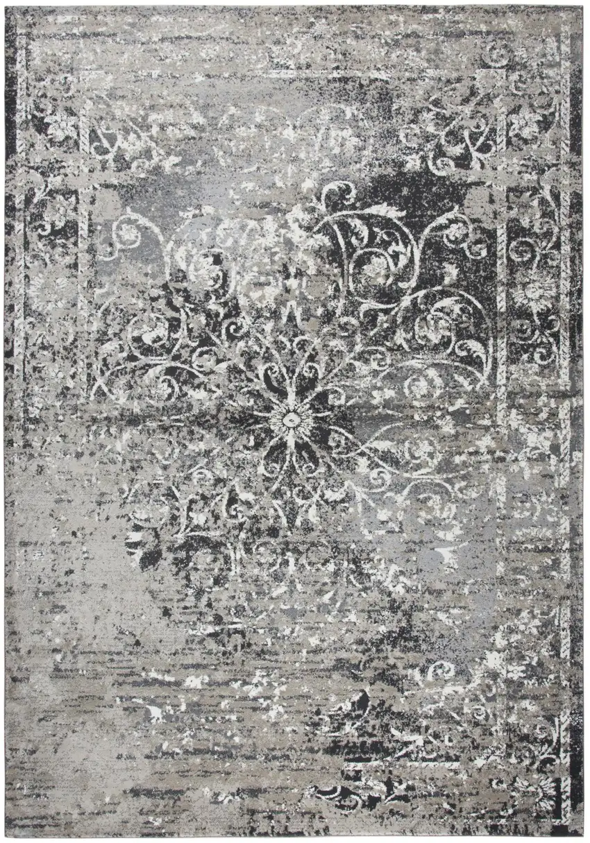 Taupe Gray Ivory Black And Beige Medallion Area Rug Photo 2