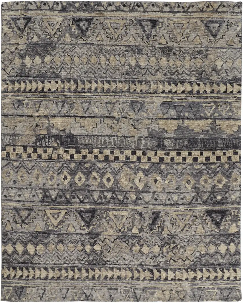 Taupe Gray and Tan Wool Geometric Hand Knotted Area Rug Photo 5