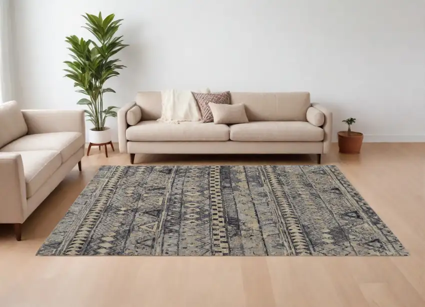 Taupe Gray and Tan Wool Geometric Hand Knotted Area Rug Photo 1