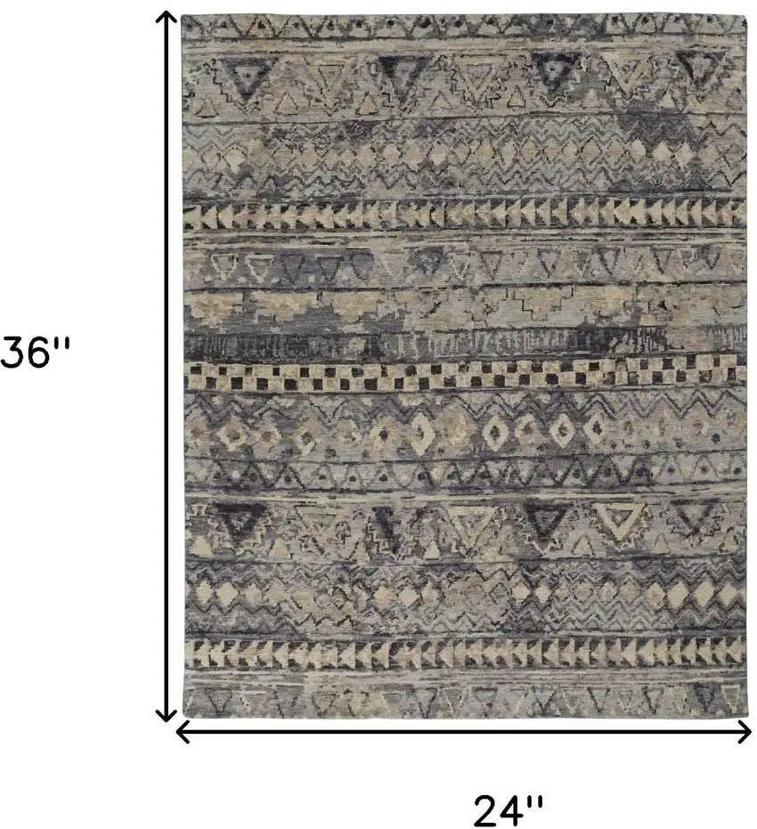 Taupe Gray and Tan Wool Geometric Hand Knotted Area Rug Photo 3