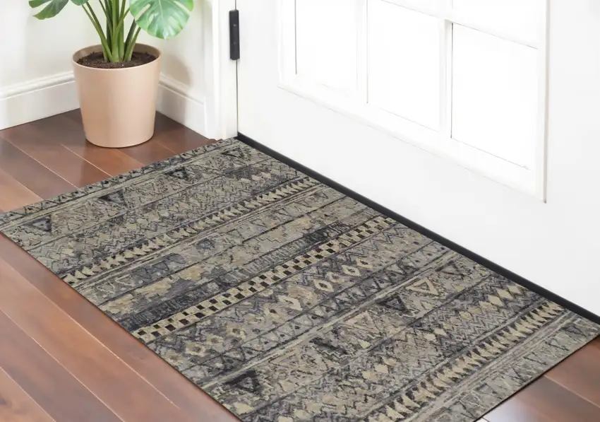 Taupe Gray and Tan Wool Geometric Hand Knotted Area Rug Photo 1