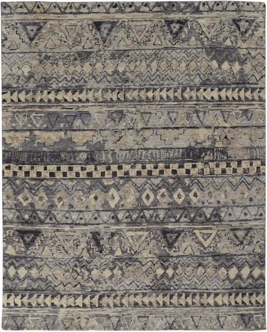 Taupe Gray and Tan Wool Geometric Hand Knotted Area Rug Photo 2