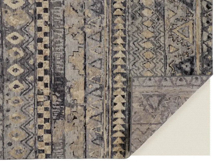 Taupe Gray and Tan Wool Geometric Hand Knotted Area Rug Photo 7