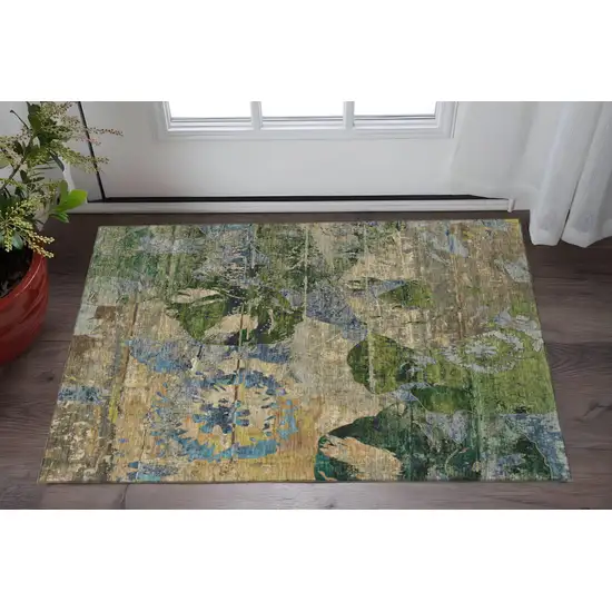 Taupe Green And Blue Abstract Washable Area Rug With UV Protection Photo 2