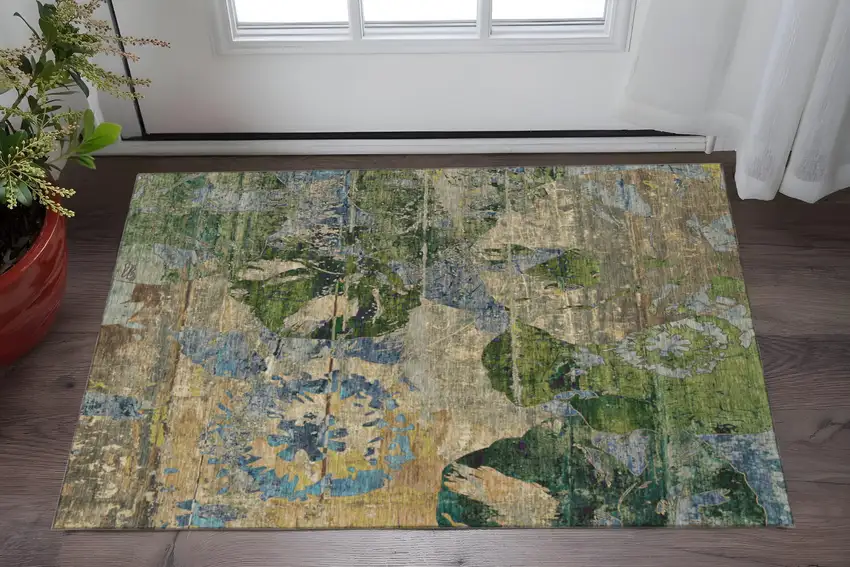 Taupe Green And Blue Abstract Washable Area Rug With UV Protection Photo 2