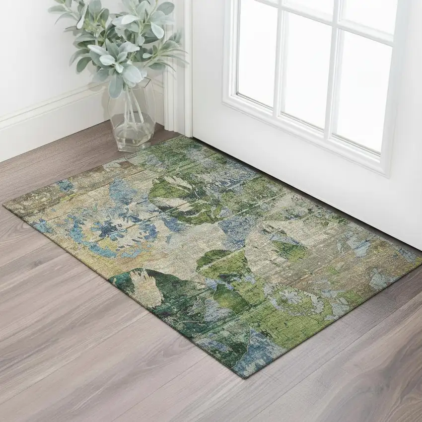 Taupe Green And Blue Abstract Washable Area Rug With UV Protection Photo 1