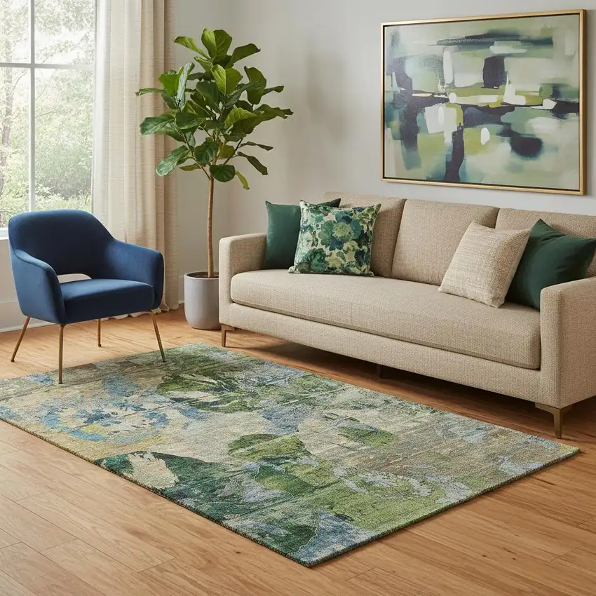 Taupe Green And Blue Abstract Washable Area Rug With UV Protection Photo 1