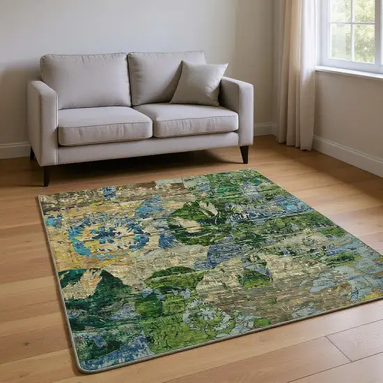 Taupe Green And Blue Abstract Washable Area Rug With UV Protection Photo 2