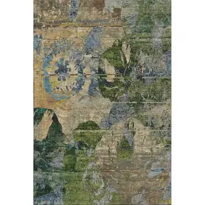 Photo of Taupe Green And Blue Abstract Washable Area Rug With UV Protection