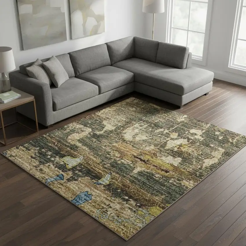 Taupe Green And Blue Abstract Washable Area Rug With UV Protection Photo 2