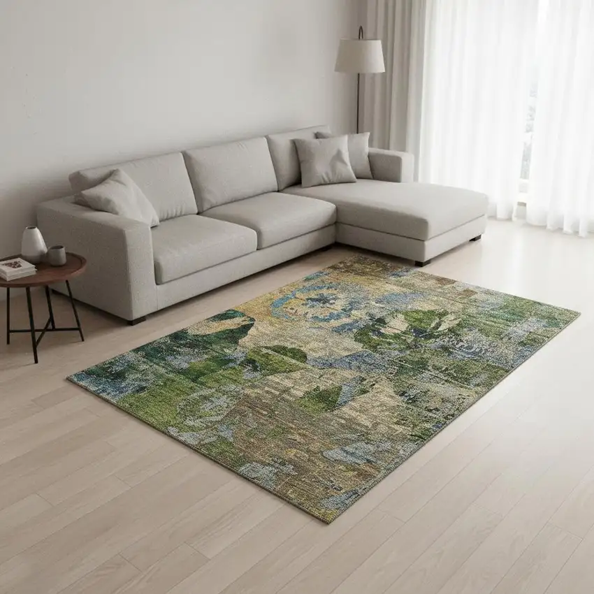 Taupe Green And Blue Abstract Washable Area Rug With UV Protection Photo 2