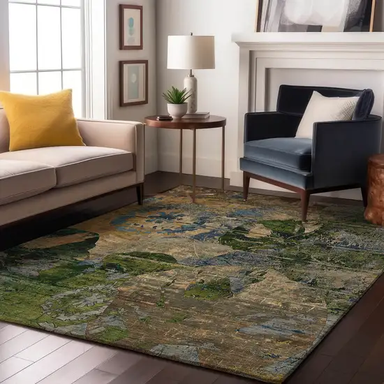 Taupe Green And Blue Abstract Washable Area Rug With UV Protection Photo 5