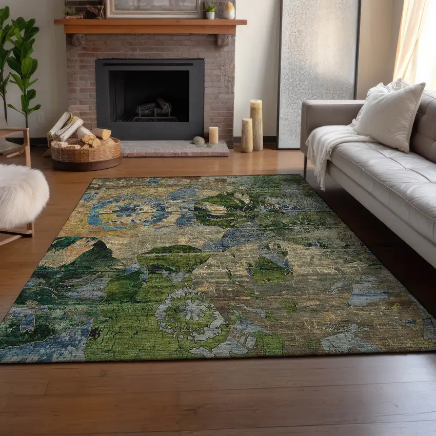 Taupe Green And Blue Abstract Washable Area Rug With UV Protection Photo 6
