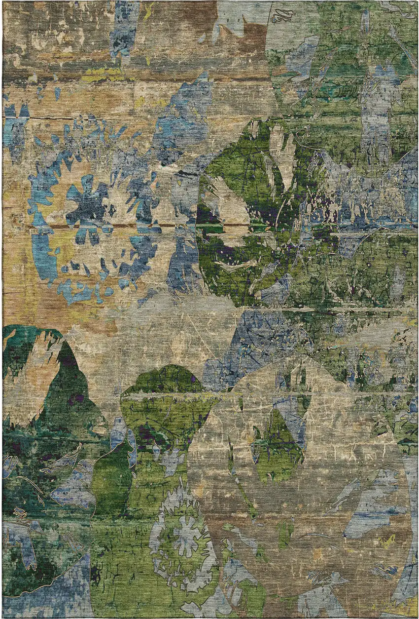 Taupe Green And Blue Abstract Washable Area Rug With UV Protection Photo 1
