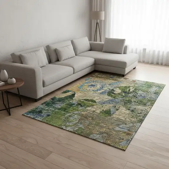 Taupe Green And Blue Abstract Washable Area Rug With UV Protection Photo 2