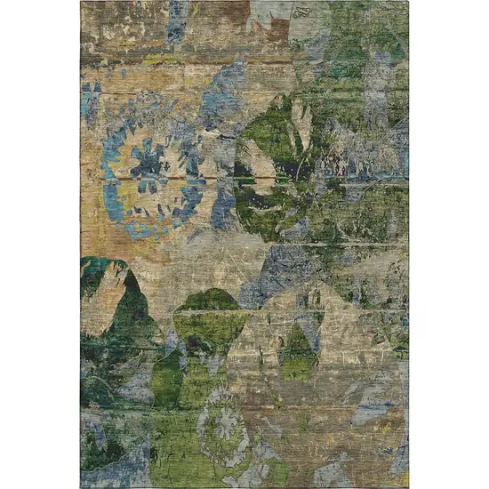 Taupe Green And Blue Abstract Washable Area Rug With UV Protection Photo 1