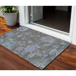Photo of Taupe Green And Blue Floral Washable Indoor Outdoor Area Rug