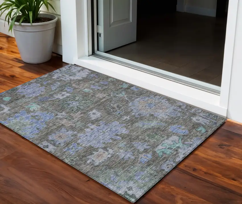 Taupe Green And Blue Floral Washable Indoor Outdoor Area Rug Photo 1