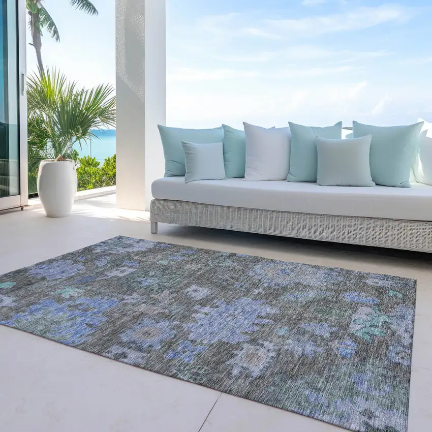 Taupe Green And Blue Floral Washable Indoor Outdoor Area Rug Photo 7