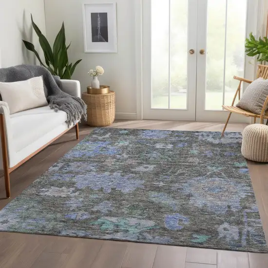 Taupe Green And Blue Floral Washable Indoor Outdoor Area Rug Photo 9