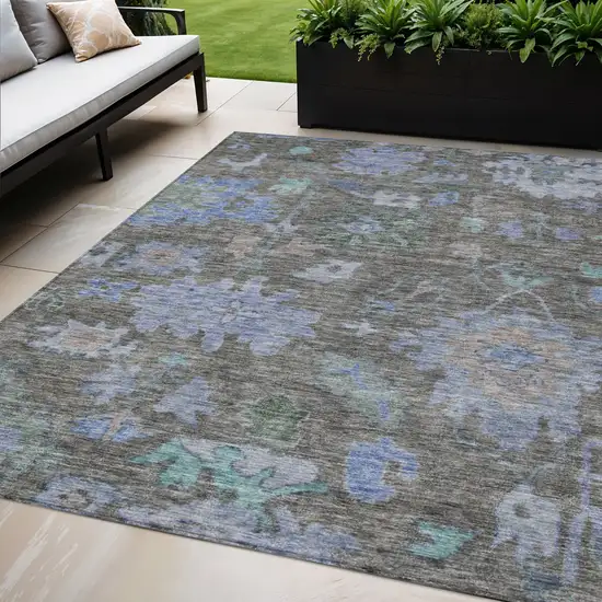 Taupe Green And Blue Floral Washable Indoor Outdoor Area Rug Photo 1