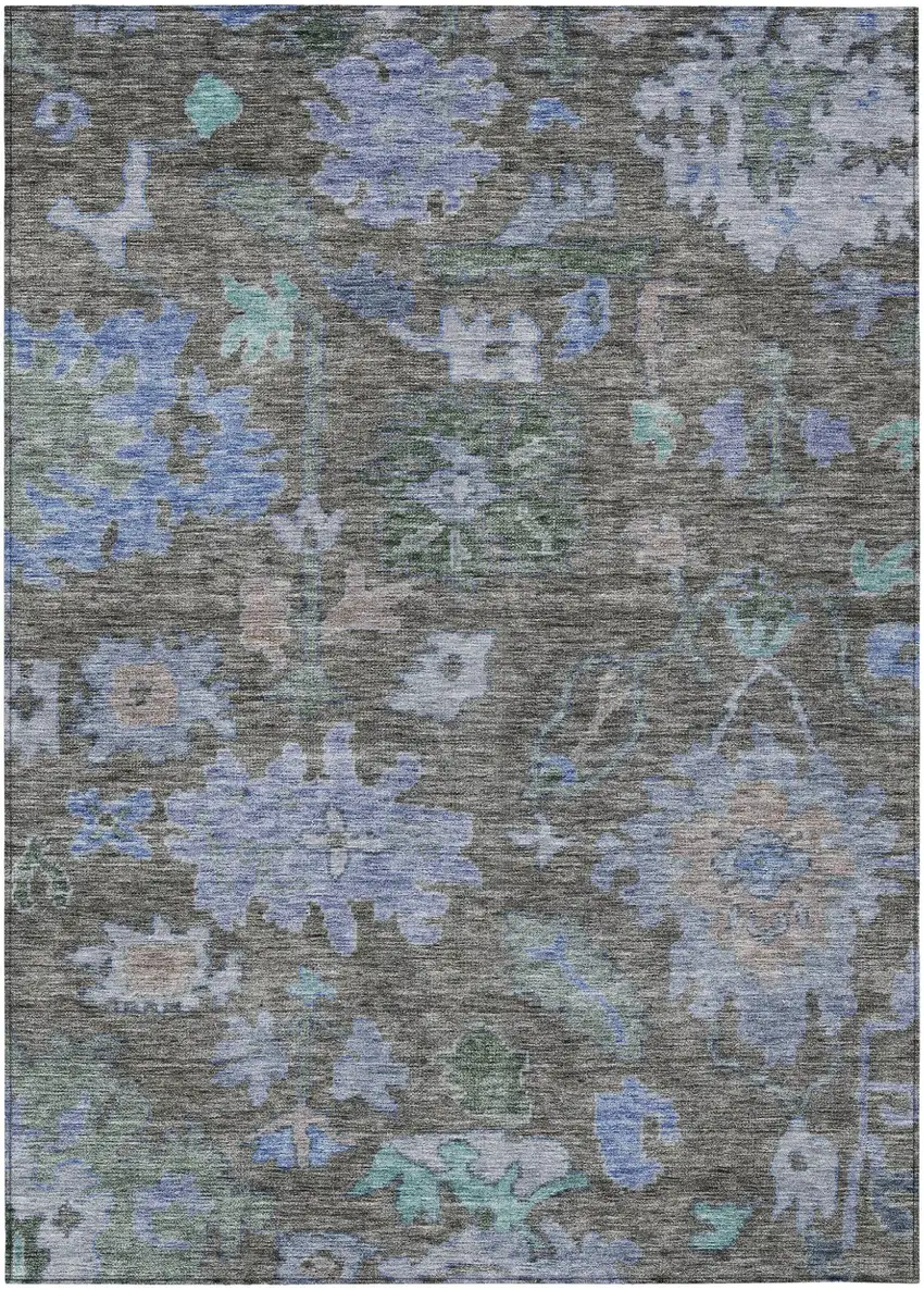Taupe Green And Blue Floral Washable Indoor Outdoor Area Rug Photo 2