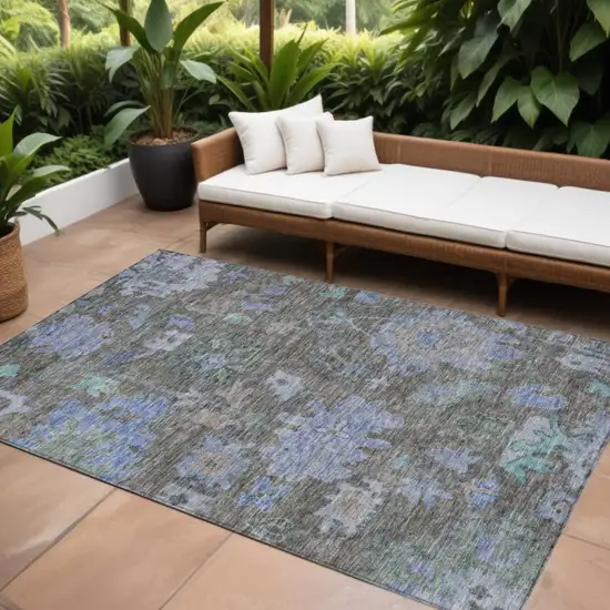 Taupe Green And Blue Floral Washable Indoor Outdoor Area Rug Photo 1