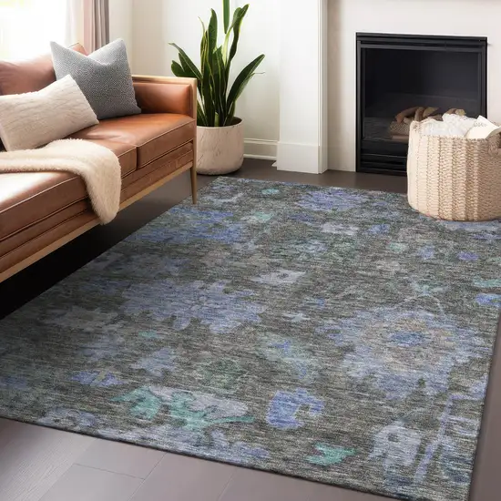Taupe Green And Blue Floral Washable Indoor Outdoor Area Rug Photo 8