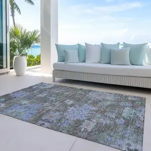 Photo of Taupe Green And Blue Floral Washable Indoor Outdoor Area Rug