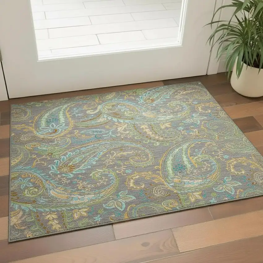 Taupe Green And Blue Paisley Washable Area Rug With UV Protection Photo 1