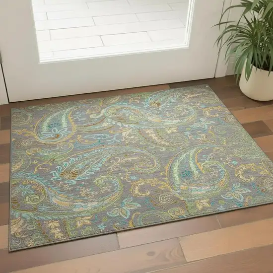 Taupe Green And Blue Paisley Washable Area Rug With UV Protection Photo 1