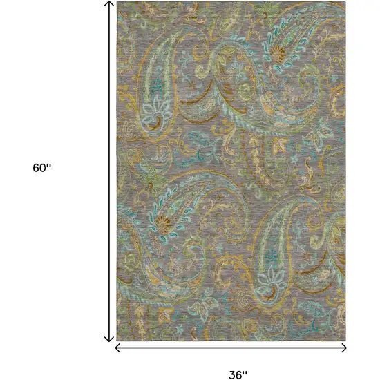 Taupe Green And Blue Paisley Washable Area Rug With UV Protection Photo 3