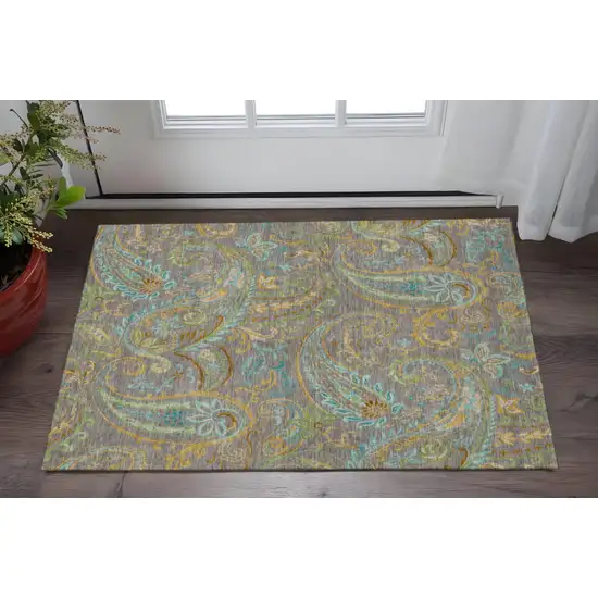 Taupe Green And Blue Paisley Washable Area Rug With UV Protection Photo 2