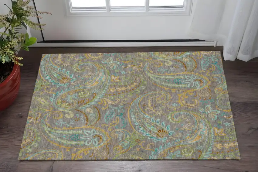 Taupe Green And Blue Paisley Washable Area Rug With UV Protection Photo 2
