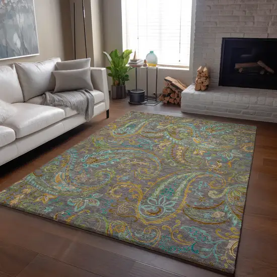 Taupe Green And Blue Paisley Washable Area Rug With UV Protection Photo 6