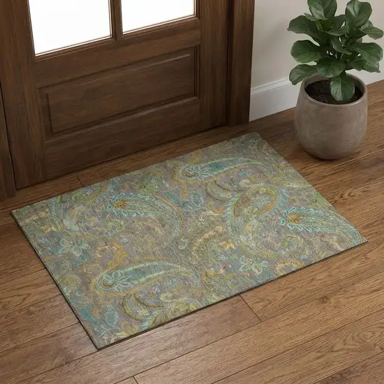 Taupe Green And Blue Paisley Washable Area Rug With UV Protection Photo 1