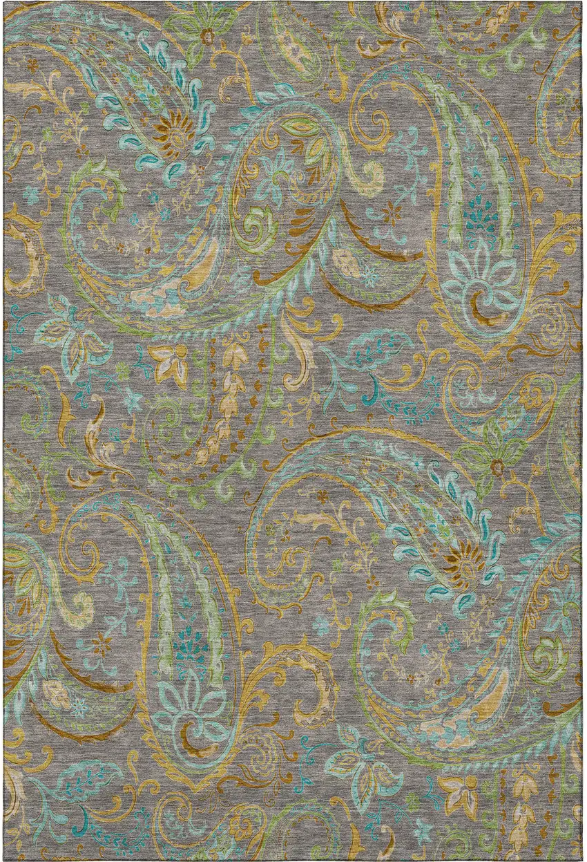 Taupe Green And Blue Paisley Distressed Washable Area Rug With UV Protection Photo 3