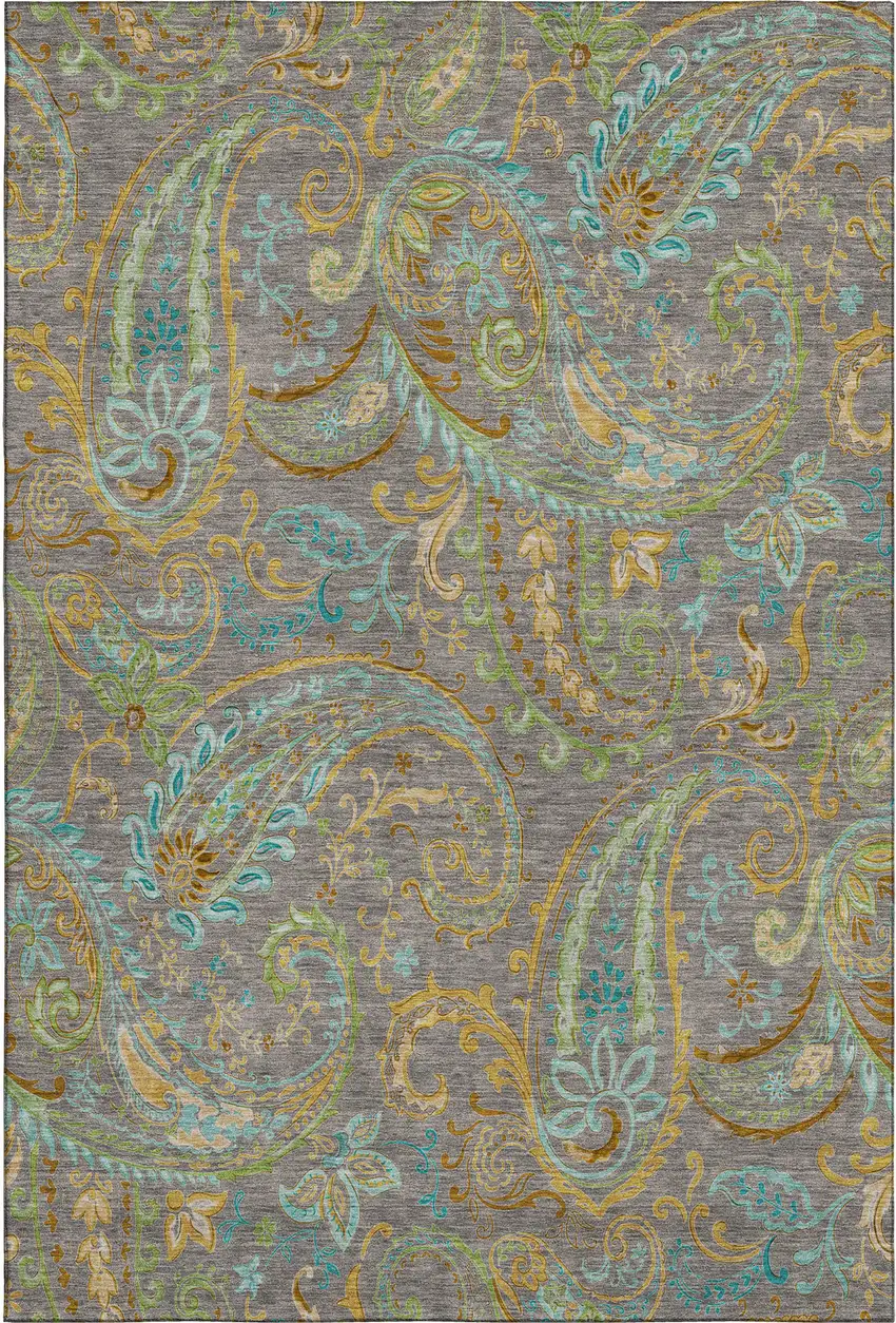 Taupe Green And Blue Paisley Distressed Washable Area Rug With UV Protection Photo 2