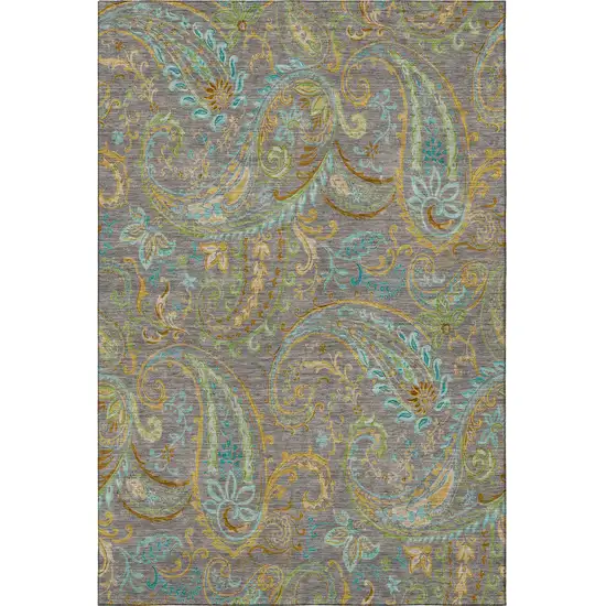 Taupe Green And Blue Paisley Washable Area Rug With UV Protection Photo 4