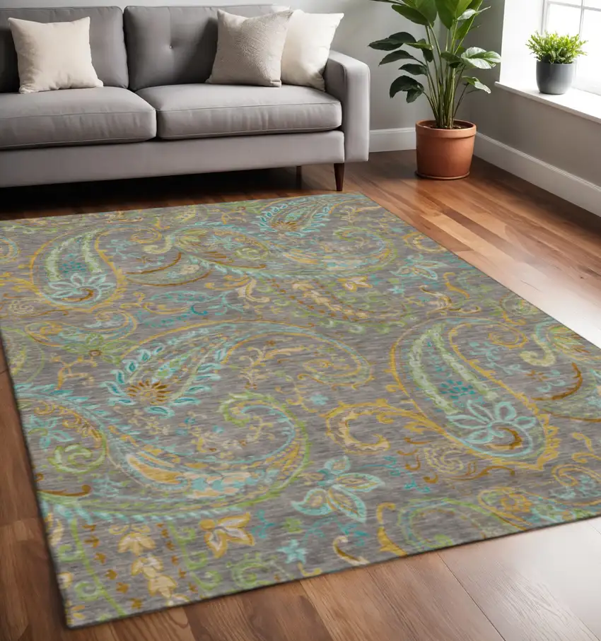 Taupe Green And Blue Paisley Washable Area Rug With UV Protection Photo 2